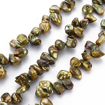 Natural Keshi Pearl Beads Strands, Cultured Freshwater Pearl, Dyed, Nuggets, Olive, 8~17x6~12x3~7mm, Hole: 0.5mm, about 57~66pcs/strand, 14.96 inch(38cm)