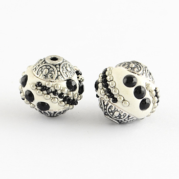 Handmade Indonesia Beads, with Jet Rhinestones and Alloy Cores, Round, Antique Silver, White, 14~16x14~16mm, Hole: 1.5mm