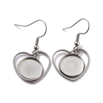 201 Stainless Steel Earring Hooks, with Heart Blank Pendant Trays, Flat Round Setting for Cabochon, Stainless Steel Color, 36mm, 22 Gauge, Pin: 0.6mm