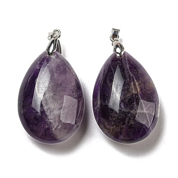 Natural Amethyst Pendants, Teardrop Charms, with Rack Plating Platinum Plated Brass Pinch Bails, Lead Free & Cadmium Free, 41~42x23~24x13~14.5mm, Hole: 4x3.5mm