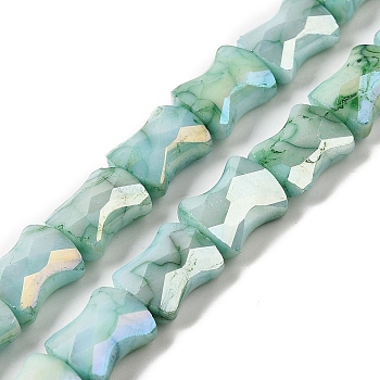 Electroplate Glass Beads Strands, Rainbow Plated, Faceted, Bamboo, Medium Aquamarine, 11x8.5x5.5mm, Hole: 1.4mm, about 40pcs/strand, 16.54''(42cm)