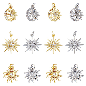 12Pcs 6 Styles Brass Micro Pave Cubic Zirconia Pendants, with Jump Ring, Moon & Sun & Star Charm, Platinum & Golden, 16~20x13~18x2.5~3.5mm, Hole: 2.5mm, 2pcs/style