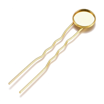 Iron Hair Fork Findings, with Flat Round Brass Cabochon Settings, Long-Lasting Plated, Golden, Tray: 14mm, 79x16x3mm