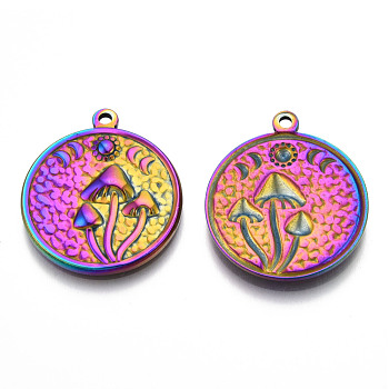 201 Stainless Steel Pendants, Flat Round with Mushroom Charm, Rainbow Color, 29x25x3mm, Hole: 1.8mm
