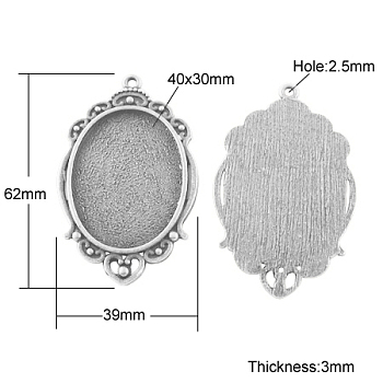 Tibetan Style Pendant Cabochon Settings, Lead Free & Nickel Free, Oval, Antique Silver, 62x39x3mm, Hole: 2.5mm, Tray: 40x30mm