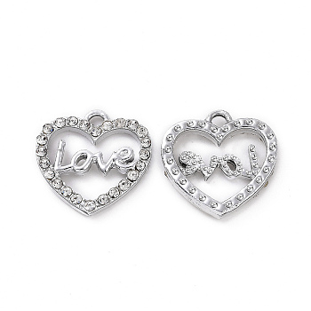 Alloy Crystal Rhinestone Pendants, Heart with Word Love Charms, Platinum, 16x16x2.5mm, Hole: 1.8mm