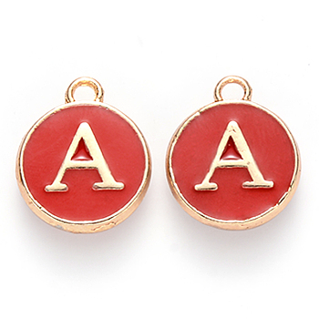 Golden Plated Alloy Enamel Charms, Cadmium Free & Lead Free, Enamelled Sequins, Flat Round, Red, Letter.A, 14x12x2mm, Hole: 1.5mm