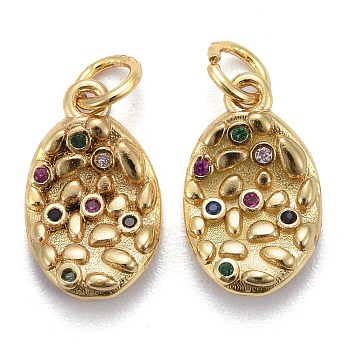 Brass Micro Pave Colorful Cubic Zirconia Pendants, Long-Lasting Plated, with Jump Rings, Oval, Real 18K Gold Plated, 15x9x2.5mm, Hole: 3mm