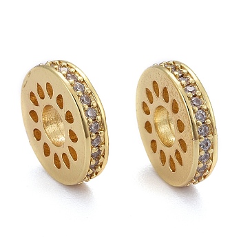Hollow Brass Micro Pave Clear Cubic Zirconia Beads, Long-Lasting Plated, Flat Round, Real 18K Gold Plated, 12x3mm, Hole: 4mm