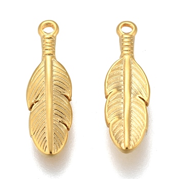 304 Stainless Steel Pendants, Leaf, Golden, 17x5x2mm, Hole: 1mm