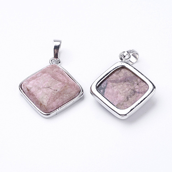 Natural Rhodonite Pendants, with Brass Findings, Rhombus, Platinum, 25x29x7mm, Hole: 5x7mm, 18x18mm