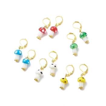 Lampwork Mushroom Dangle Leverback Earrings, Gold Plated Brass Jewelry for Women, Mixed Color, 37~38mm, Pin: 0.6mm
