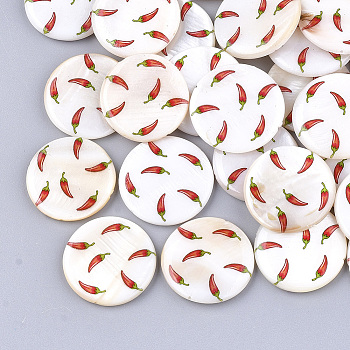 Printed Freshwater Shell Beads, Flat Round with Chillies Pattern, Red, 23.5~24.5x2.5~4.5mm, Hole: 0.6~1mm