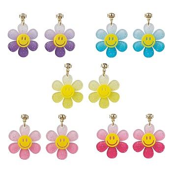 Sunflower with Smiling Acrylic Dangle Stud Earrings, Mixed Color, 38x27mm