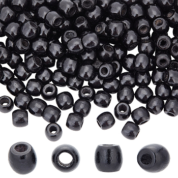 Wood European Beads, Large Hole Bead, Dyed, Barrel, Black, 11.5~12x10.5~11mm, Hole: 4.5~5mm