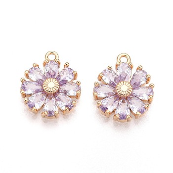 Real 18K Gold Plated Brass Micro Pave Cubic Zirconia Pendants, Nickel Free, Flower, Lavender, 15x12.5x3.5mm, Hole: 1.4mm