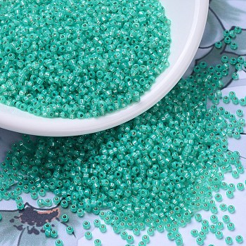 MIYUKI Round Rocailles Beads, Japanese Seed Beads, 11/0, (RR572) Dyed Aqua Green Silverlined Alabaster, 2x1.3mm, Hole: 0.8mm, about 50000pcs/pound