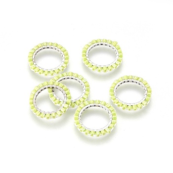 MIYUKI & TOHO Handmade Japanese Seed Beads, with 304 Stainless Steel Link Rings, Loom Pattern, Ring, Silver, Yellow Green, 14.5~15x1.7mm