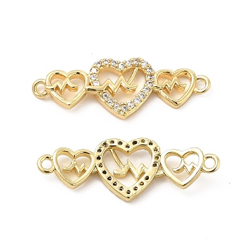 Brass Micro Pave Clear Cubic Zirconia Connector Charms, 3 Heart Links, Real 18K Gold Plated, 10.5x29.5x3mm, Hole: 1.5mm