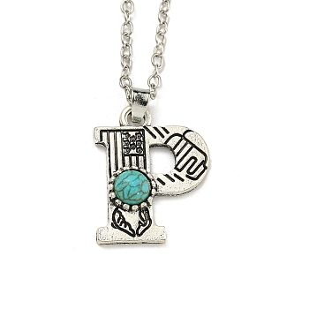 Letter A~Z Antique Silver Plated Alloy with Synthetic Turquoise Pendant Necklace, with Iron Cable Chains, Letter P, 18.70 inch(475mm), Letter P: 25.5x19.5mm