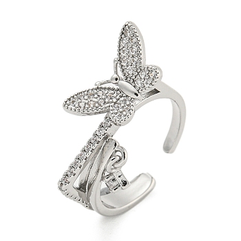 Brass Micro Pave Cubic Zirconia Cuff Rings, Butterfly Open Rings for Women, Long-Lasting Plated, Platinum, Adjustable