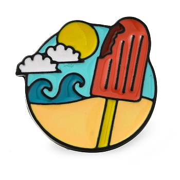 Outdoor Beach Series Travel Enamel Pins, Round Black Alloy Brooch, Ice Cream, 28x27.5mm