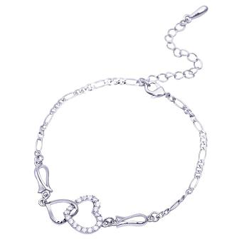 Brass Cubic Zirconia Link Chain Bracelets, with Lobster Claw Clasps, Heart to Heart, Clear, Real Platinum Plated, 9-7/8 inch(25cm)