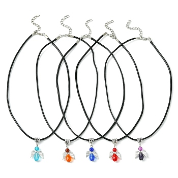Angel Shape Alloy with Glass Pendant Necklaces, with Imitation Leather Cords, Mixed Color, 17.32 inch(44cm)
