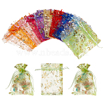 60Pcs 10 Colors Hot Stamping Organza Bags, with Drawstring Cords, Jewelry Gift Mesh Pouches for Wedding Party Christmas Candy Gift Bags, Rectangle with Flower Pattern, Mixed Color, 15x10x0.05cm, 6pcs/color(OP-PH0001-35)