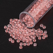 11/0 Grade A Transparent Glass Seed Beads, Inside Color, Light Coral, 2.3x1.5mm, Hole: 1mm, about 5300pcs/50g(X-SEED-N001-D-211)