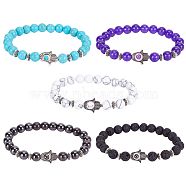 5Pcs 5 Style Natural & Synthetic Mixed Gemstone Round & Hamsa Hand Beaded Stretch Bracelets Set for Women, Inner Diameter: 2-1/4 inch(5.7cm), 1Pc/style(BJEW-AN0001-33)