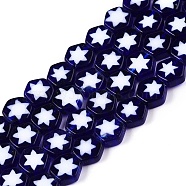 Handmade Lampwork Beads Strands, Hexagon, Dark Blue, 7.5x8.5x3.5mm, Hole: 1mm, about 52~53pcs/strand, 15.59~15.71 inch(39.6~39.9cm)(LAMP-N024-20)