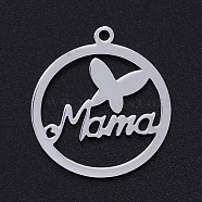 Non-Tarnish Mother's Day Theme, 201 Stainless Steel Laser Cut Pendants, Ring with Butterfly & Word MaMa, Stainless Steel Color, 22.5x19.5x1mm, Hole: 1.4mm(STAS-S105-T973-1)