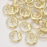 Alloy Pendants, with Crystal Rhinestone, Flat Round with Star and Moon, Light Gold, 20x17x3mm, Hole: 1.8mm(ALRI-N035-10)