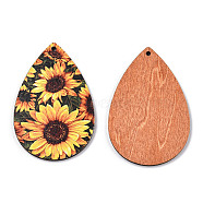 Single Face Sunflower Printed Wood Big Pendants, Teardrop Charm, Gold, Sunflower Pattern, 60x40x3mm, Hole: 2mm(WOOD-TAC0021-01A)