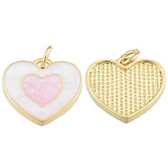 Brass Enamel Pendants, with Jump Rings and Shell, Real 18K Gold Plated, Nickel Free, Heart, Pink, 15x16x3.5mm, Jump Ring: 5x1mm, 3mm inner diameter(KK-N227-97C)