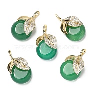 Natural Agate Pendants, Flat Round Charms with Brass Micro Pave Clear Cubic Zirconia Leaf, Real 14K Gold Plated, 21x12x7.5mm, Hole: 4x2mm(G-K341-06G)