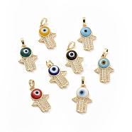 Brass Micro Pave Cubic Zirconia Pendants, with Handmade Evil Eye Lampwork, Hamsa Hand Charm, Real 18K Gold Plated, Mixed Color, 23x15x4mm, Hole: 4x6.5mm(ZIRC-F136-02G)