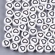 Craft Style Acrylic Beads, Flat Round with Heart, White, 7x3.5mm, Hole: 1.5mm, about 400~440pcs/50g(X-MACR-T023-24B)