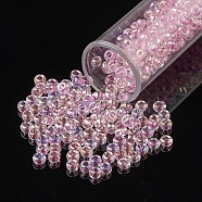 8/0 Grade A Round Glass Seed Beads, Transparent Inside Colours, AB Color Plated, Pink, 3x2mm, Hole: 1mm, about 10000pcs/pound(SEED-N002-E-308)