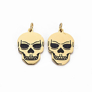 Ion Plating(IP) 316 Surgical Stainless Steel Enamel Charms, with Jump Rings, Laser Cut, Cadmium Free & Nickel Free & Lead Free, Skull, Real 14K Gold Plated, 14.5x10x1mm, Hole: 2mm(STAS-N097-084-NR)