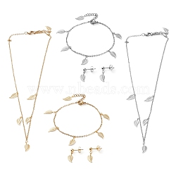 304 Stainless Steel Jewelry Sets, Cable Chains Pendant Necklaces & Stud Earrings & Bracelets, with Lobster Claw Clasps, Leaf, Mixed Color, 17.83 inch(45.3cm), 7.32 inch(18.6cm), 21mm, Pin: 0.7mm(SJEW-Z001-12)