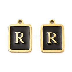 304 Stainless Steel Pendants, with Enamel, Rectangle with Letter Charm, Golden, Letter R, 17.5x12x1.5mm, Hole: 1.5mm(STAS-K265-11G-R)