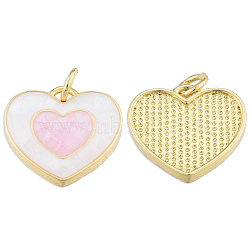 Brass Enamel Pendants, with Jump Rings and Shell, Real 18K Gold Plated, Nickel Free, Heart, Pink, 15x16x3.5mm, Jump Ring: 5x1mm, 3mm inner diameter(KK-N227-97C)