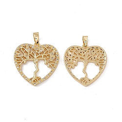 Brass Micro Pave Cubic Zirconia Pendant, with Glass, Real 18K Gold Plated, Heart with Tree of Life Charm, Clear, 22.5x22x2mm, Hole: 4.5x2.5mm(KK-E068-VC058)