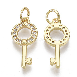 Brass Micro Pave Cubic Zirconia Pendants, with Jump Rings, Nickel Free, Key, Clear, Real 16K Gold Plated, 18x8.5x2mm, Hole: 3mm(ZIRC-S067-030-NF)