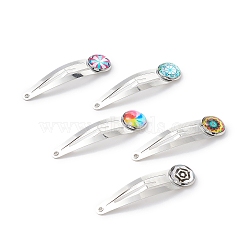 Iron Snap Hair Clips, with Mosaic Printed Glass Half Round/Dome Cabochons for Woman Girls, Platinum, Mixed Color, 53x13.5x5mm(PHAR-JH00081)
