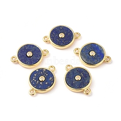 Natural Lapis Lazuli Links connectors, with Golden Brass Findings and Cubic Zirconia, Long-Lasting Plated, Flat Round, 12x16.5x2.5mm, Hole: 1.2mm(KK-L192-A06)