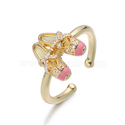 Brass Micro Pave Cubic Zirconia Enamel Cuff Open Rings, Ballet Shoes, Golden, Hot Pink, 20mm(WGB47C4-03)