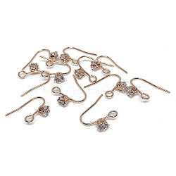 Brass Earring Hooks, Ear Wire, with Clear Cubic Zirconia & Horizontal Loops, Rose Gold, 14.3x13mm, Pin: 1mm(FIND-SZC0013-374)